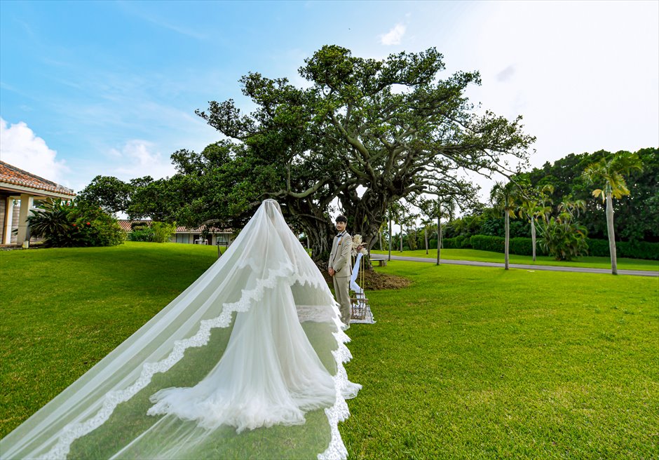 【二人挙式撮影】ガーデンの緑と純白のドレスのコントラスト